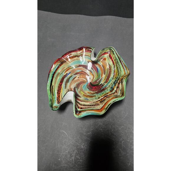 Murano Style Art Glass Bowl Dish Multicolor Swirl Ruffled Edge Centerpiece - Picture 4 of 9